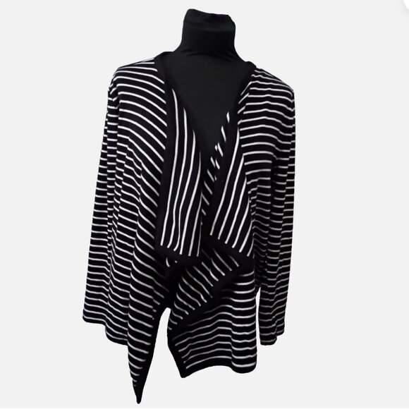 Talbots Sweater Women Petite Large Black Cotton Striped Open Front Knit Cardigan - Picture 1 of 8